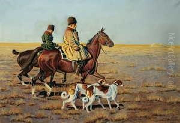 Zwei Reitende Kosaken Mit Windhunden. Oil Painting by Hugo Ungewitter