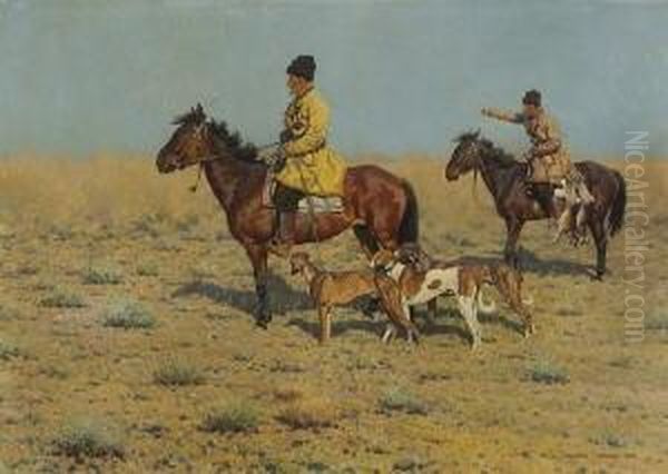 Zwei Steppenreiter Mit
 Jagdhunden. Oil Painting by Hugo Ungewitter