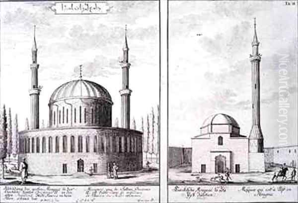 View of a Mosque in Bursa and a Mosque in Hungary Oil Painting by Johann Bernhard Fischer von Erlach