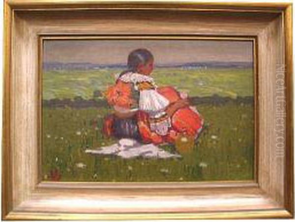 A Girl In Traditional Dress Seated In A Landscape Oil Painting by Joza Uprka