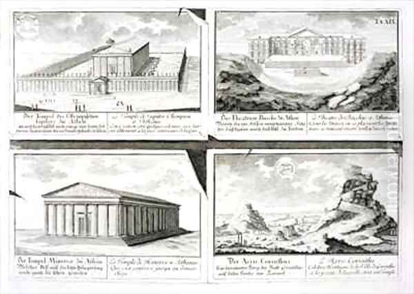 Views of four Classical Buildings The Temple of Olympian Zeus the Theatre of Dionysus in Athens the Temple of Athena in Athens and a Temple in Corinth Oil Painting by Johann Bernhard Fischer von Erlach