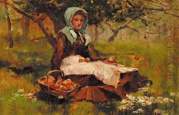 A girl in an orchard with a basket of apples Oil Painting by David Fulton