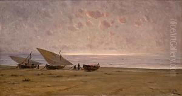 Barcas En La Playa Oil Painting by Modesto Urgell y Inglada