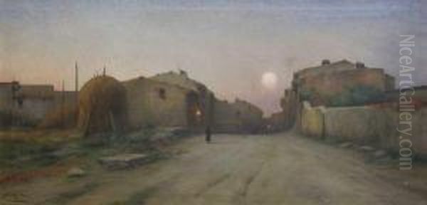 Pueblo Oil Painting by Modesto Urgell y Inglada