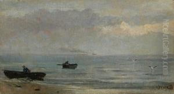 Marina Con Barcas Y Gaviotas. Oil Painting by Modesto Urgell y Inglada