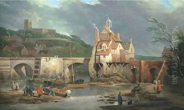 The gatehouse on the bridge over the River Severn at Bridgnorth, Shropshire, with the church of St. Leonard beyond Oil Painting by Joseph Farington