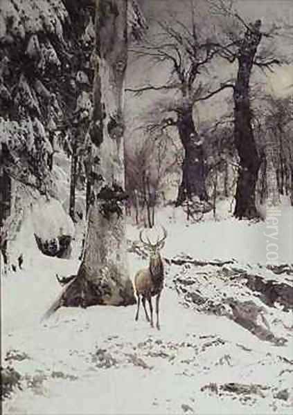 A Stag in a Snowy Wood Oil Painting by Ludwig Fromme