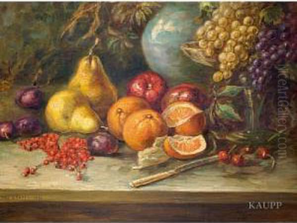 Uppiges Herbstliches 
Fruchtestillleben Mit Pflaumen,roten Johannisbeeren, Birnen, Orangen, 
Apfeln Und Kirschen Sowietrauben In Einer Fusschale Oil Painting by Max Usadel