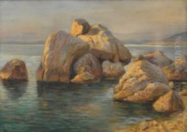 Capri. View On The Coastal 
Cliffs At Sunset. Signed And Dated Lower Left: Max Usadel Capri 192 Oil Painting by Max Usadel