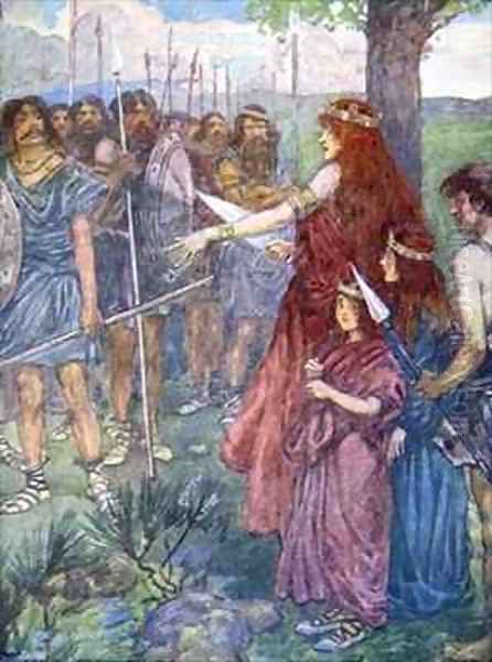 Will you follow me men Boadicea spiriting her men to fight her daughters beside her Oil Painting by A.S. Forrest