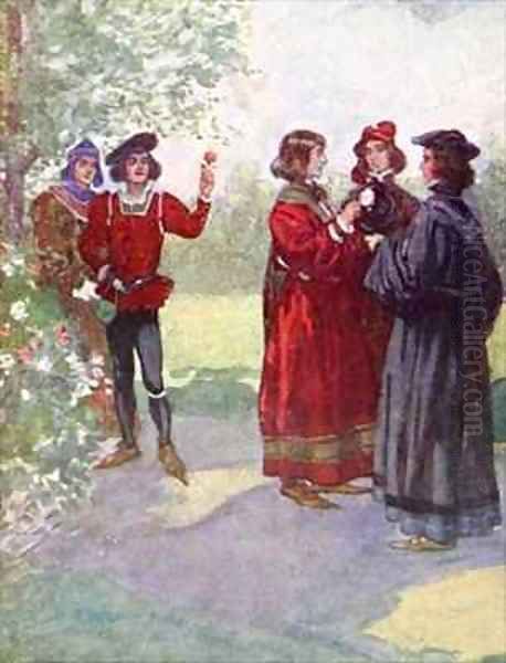 One after another all the nobles plucked red or white roses and put them in their caps Oil Painting by A.S. Forrest