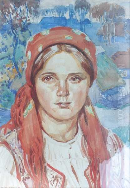 Portret Mlodej Wiesniaczki Oil Painting by Henryk Uziemblo