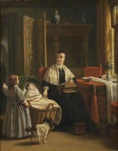 Mother Andchildren In A Parlor Oil Painting by Johannes Christoffel Vaarberg