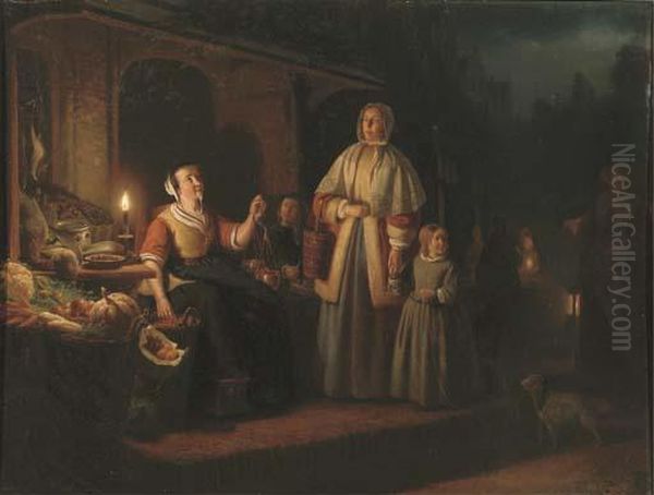 Buying Berries On The Nightmarket Oil Painting by Johannes Christoffel Vaarberg