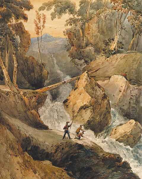 Soldiers beneath a torrent, on a mountain pass Oil Painting by Francois Louis Thomas Francia