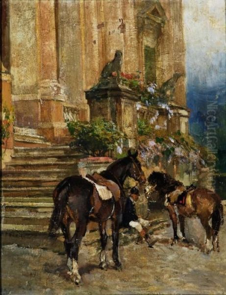 Fantino E Cavalli In Prossimita Di Una Scalinata Oil Painting by Alfredo Vaccari