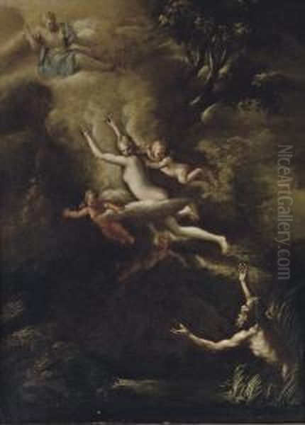 Glaucus Fleeing From Skylla, The Goddess Diana Looking Down From Above Oil Painting by Nicola Vaccaro