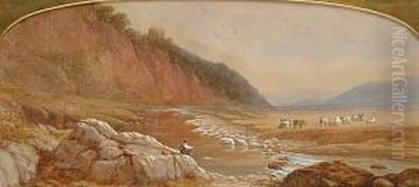 Fishing On A Highland River, Signed And Dated 1860 Oil Painting by Charles Vacher