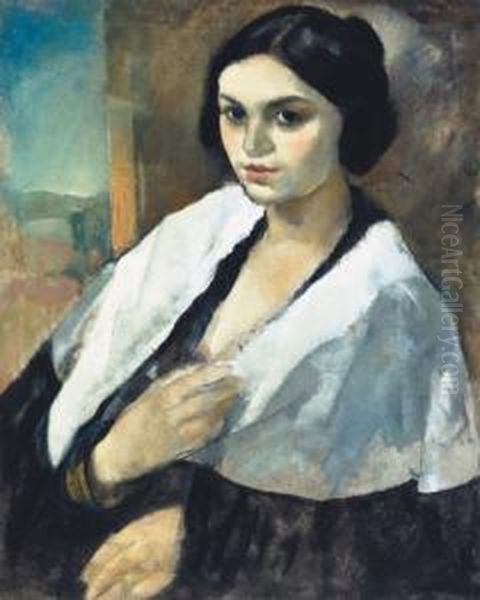 Girl With White Scarf Oil Painting by Endre Vadasz