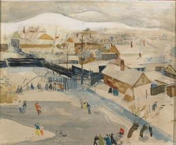 Skaters On A Frozen Pond Oil Painting by Endre Vadasz