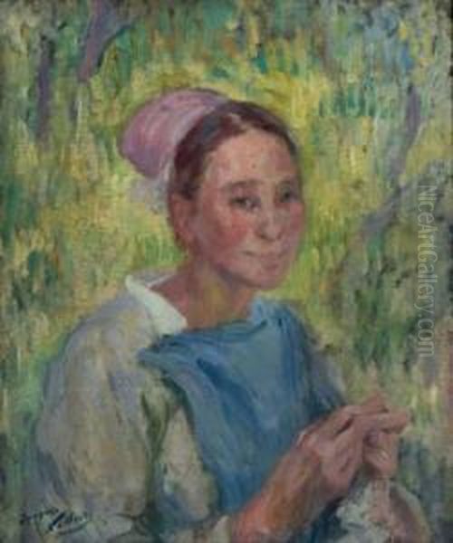 Young Girl Knitting. Oil Painting by Jacques Gaston E. Vaillant