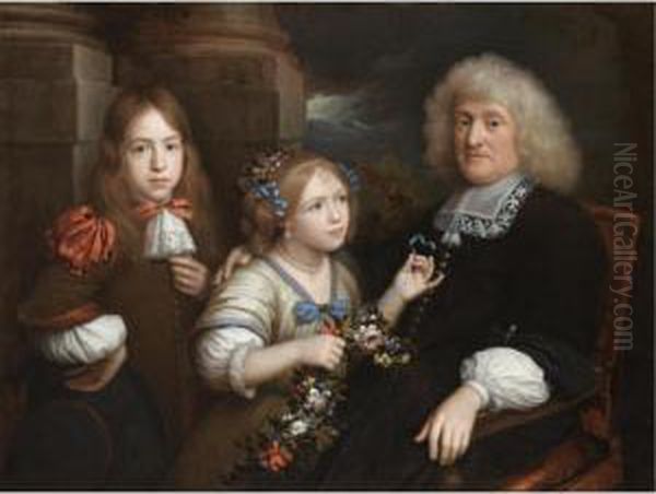 A Family Portrait With A Father Seated In A Landscape Together With His Son And Daughter Oil Painting by Wallerand Vaillant