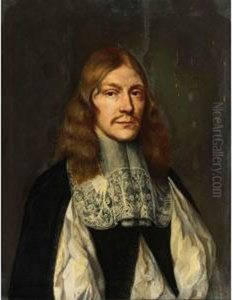 Portrait Of A Gentleman, Bust 
Length, Wearing A White Chemise, Black Coat And Lace Collar Oil Painting by Wallerand Vaillant