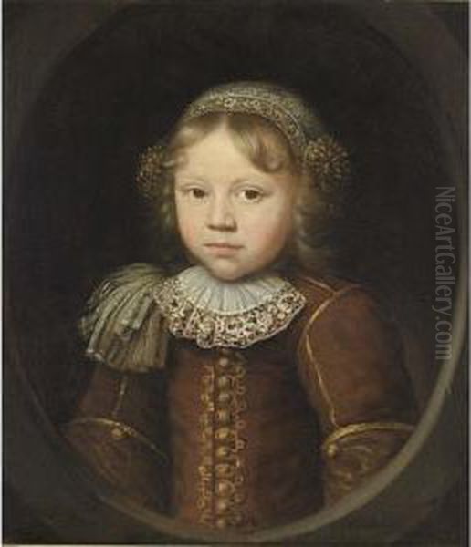 A Portrait Of A Young Boy, Aged 
3?, Bust Length, Wearing A Brown And Yellow Coat, A White Lace Tie, An 
Epaulet, And A Lace Headdress, In A Painted Oval Oil Painting by Wallerand Vaillant