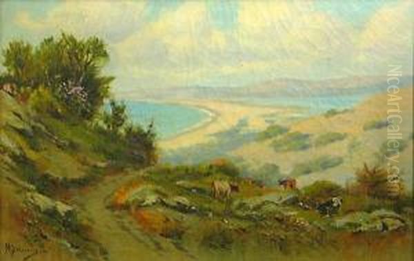 A Marin County Coastal View With Cattlegrazing In The Foreground Oil Painting by Manuel Valencia