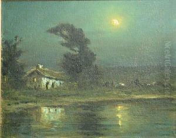 Moonlit Adobe Near A Lake Oil Painting by Manuel Valencia