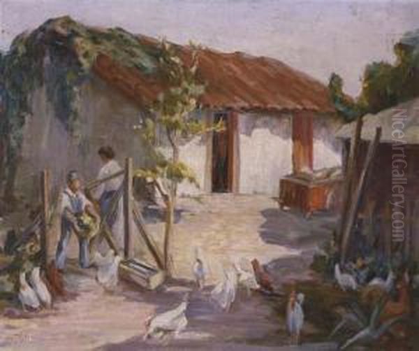 Village Scene Oil Painting by Manuel Valencia