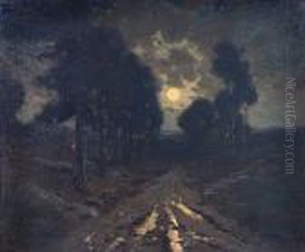 Moonrise Over A Tree Lined Road Oil Painting by Manuel Valencia