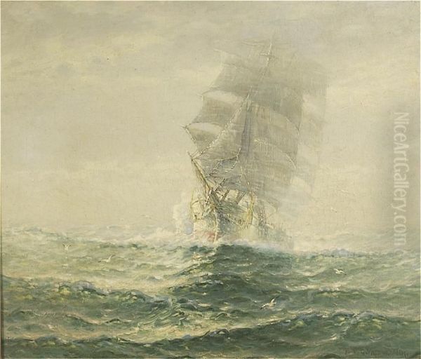 A Ship Rising From The Fog. Oil Painting by Theodor Victor Carl Valenkamph