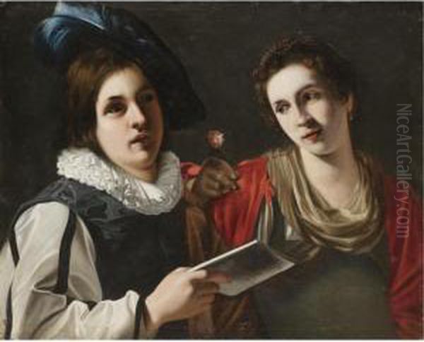 An Interior With A Gentleman Serenading A Lady Holding A Rose Oil Painting by Valentin De Boulogne