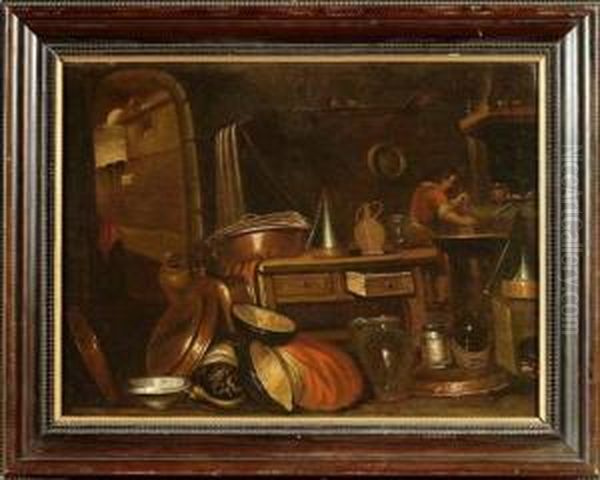 Interno Di Cucina Con Rami E Figura Oil Painting by Gian Domenico Valentino