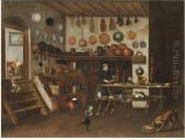 A Kitchen Interior With A Maid Filleting Fish At A Table, A Young Boy In The Foreground Oil Painting by Gian Domenico Valentino