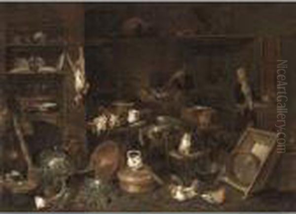 A Kitchen Interior With A Still 
Life With Various Cooking Utensils, Chickens, A Deer, Cabbages And A Cat Oil Painting by Gian Domenico Valentino