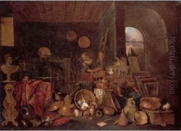 A Kitchen Still Life With 
Various Cooking Utensils, A Suit Of Armour, A Bust, A Rug And Two 
Figures Cleaning Pots And Pans Oil Painting by Gian Domenico Valentino