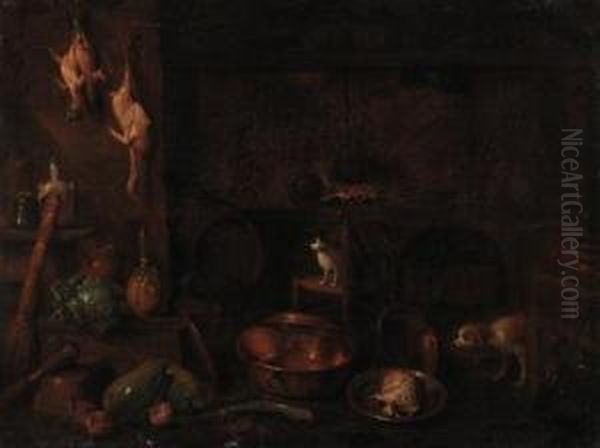 A Dog, A Cat And Dead Game With Vegetables And Cooking Vessels In Akitchen Interior Oil Painting by Gian Domenico Valentino