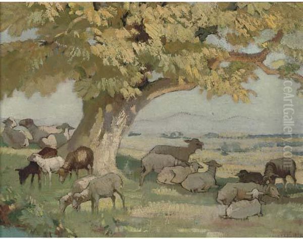 Sheep Grazing Under A Tree Oil Painting by Adolphe Pierre Valette