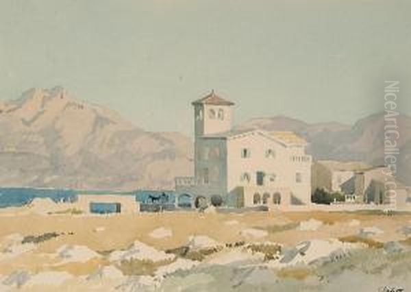 A Spanish Hilltop Town; Puerto De Pollensa Oil Painting by Adolphe Pierre Valette