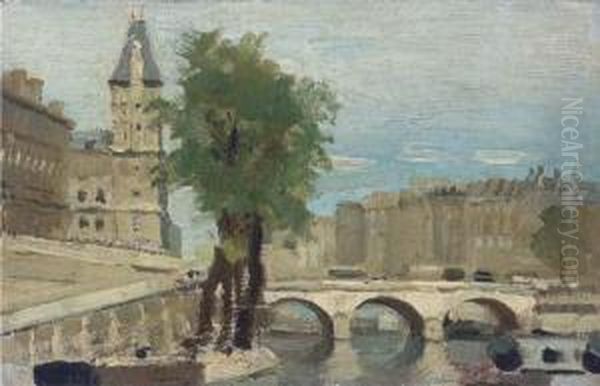 Le Pont Neuf; And Le Statue De Henri Iv Au Pont Neuf Oil Painting by Adolphe Pierre Valette