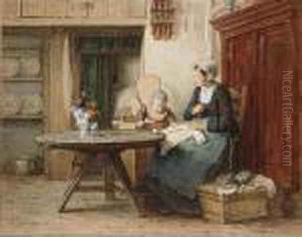 A Cottage Interior With Mother And Child Doing Needlework Oil Painting by Hendrik Valkenburg