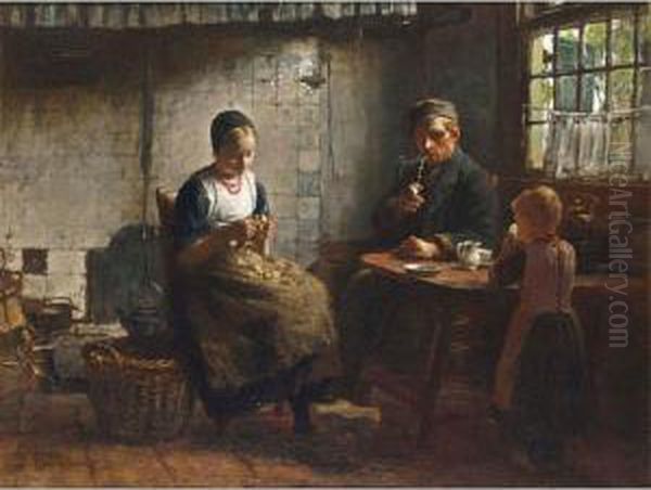 A Peasant Family In A Kitchen Interior Oil Painting by Hendrik Valkenburg