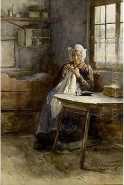 Interior With A Woman Sewing Oil Painting by Hendrik Valkenburg