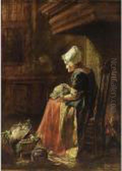 A Woman Seated With A Cabbage In
 A Chair By The Fire Place, A Vegetable Still Life At Her Feet Oil Painting by Hendrik Valkenburg