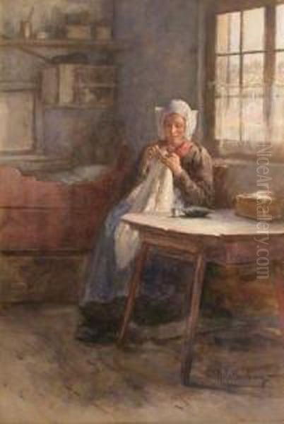 Woman Sewing By A Window by Hendrik Valkenburg