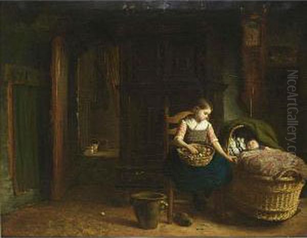 By The Cradle Oil Painting by Hendrik Valkenburg