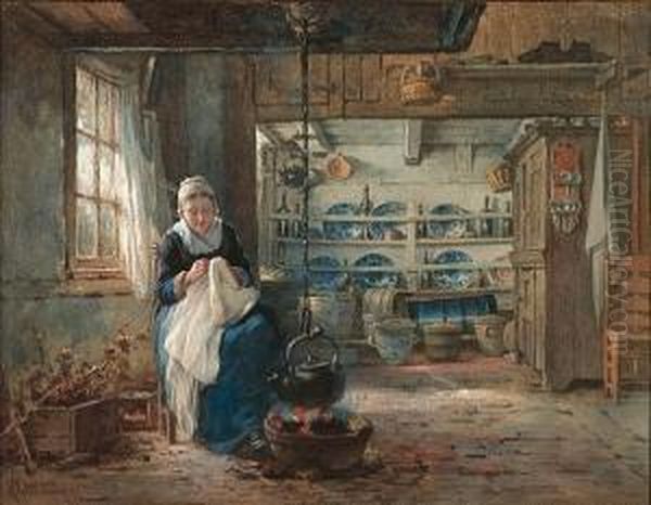 Young Girl Sewing Oil Painting by Hendrik Valkenburg