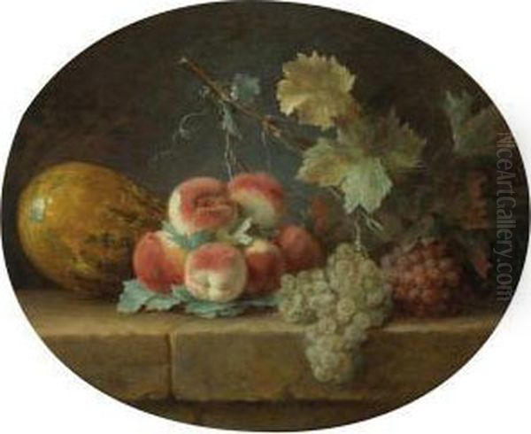 Peaches, A Melon And Grapes On A Stone Ledge Oil Painting by Anne Vallayer-Coster